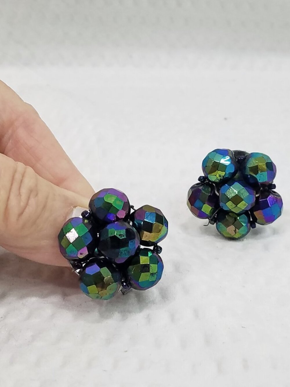 Vintage Iridescent AB-Coated Faceted Black Crystal Cluster Stud Clip On Earrings